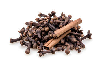 Clove spice, Ceylon cinnamon, star-anis, cardamom, set isolated on white