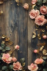 Elegant floral arrangement on rustic wooden background with soft pink roses and golden leaves for a charming aesthetic appeal