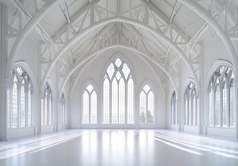 Obraz premium The interior of a Gothic-style building features a white color scheme. Large windows and arches allow ample daylight to fill the space. The floor and walls are also white,