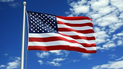 Obraz premium Large American flag glowing from backlight from the sun, against cloudy sky 