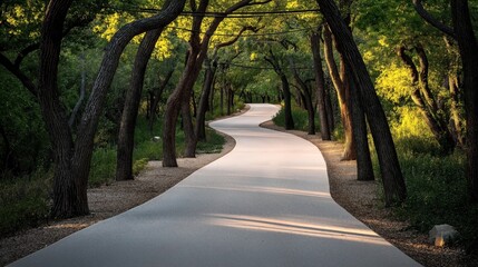 Obraz premium A serene winding path through a lush green forest with tall trees and dappled sunlight filtering through the leaves in a natural setting.