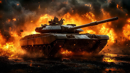 Tank in a Fiery Battlefield - Realistic Image