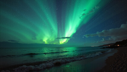 Naklejka premium Spectacular northern lights illuminating the night sky over an ocean beach