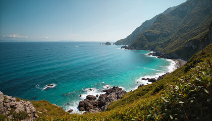 Fototapeta premium Breathtaking coastal landscape with turquoise waters and green cliffs under a clear blue sky
