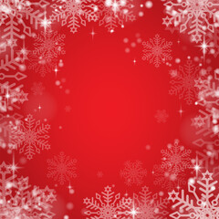 Christmas background made of many layers of snowflakes of different shapes, sizes and transparency. Abstract winter background with snowflakes. Snowfall, snowflakes on a red background. Vector EPS 10.