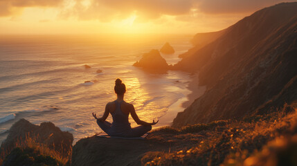 Obraz premium Woman Meditating Overlooking Ocean on Rocky Cliff at Sunset