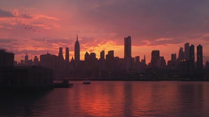 Fototapeta premium Dusk over the Manhattan skyline, warm sunset colors, calm river, iconic New York scene.