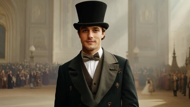 Dashing confident gentleman in formal attire classic suit, top hat, bow tie. Historical setting. Elegance stylish young man portrait, look camera. History, charm, sophistication fashion. Handsome guy.