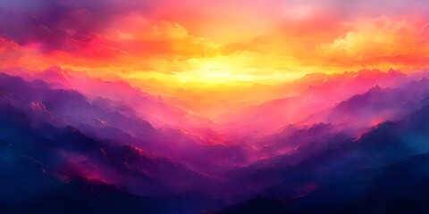 Fototapeta premium A breathtaking sunset illuminates the mountain range with vibrant hues of orange, pink, and purple, casting a magical glow over the serene landscape.
