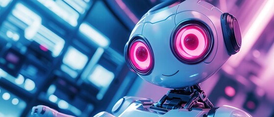 A friendly robot with glowing eyes in a futuristic environment engaged in communication