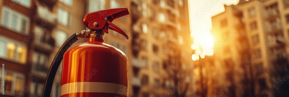 Poster The bright red fire extinguisher is in focus while a building is softly blurred in the warm light of dusk. Generative AI