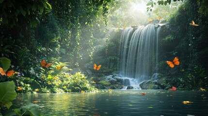 Lush green jungle with a cascading waterfall and butterflies.