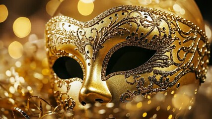 A gold masquerade mask with intricate details rests among festive lights, creating a sense of mystery and elegance