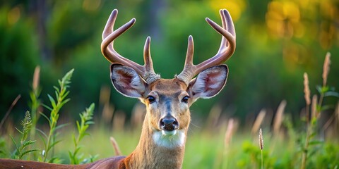 Fototapeta premium White tailed deer buck with velvet covered antler in summer, asymmetrical