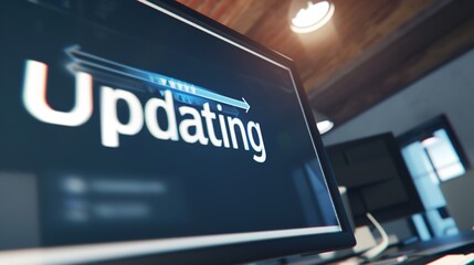 Close-up of computer screen showing software update progress bar with "Updating" in bold letters, modern office desk in background, emphasizing digital technology and productivity.