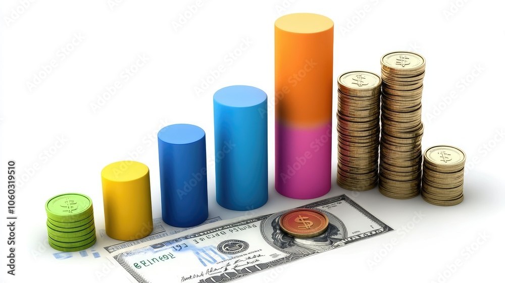Poster financial chart with vibrant segments and floating dollar coins, symbolizing economic data analysis.