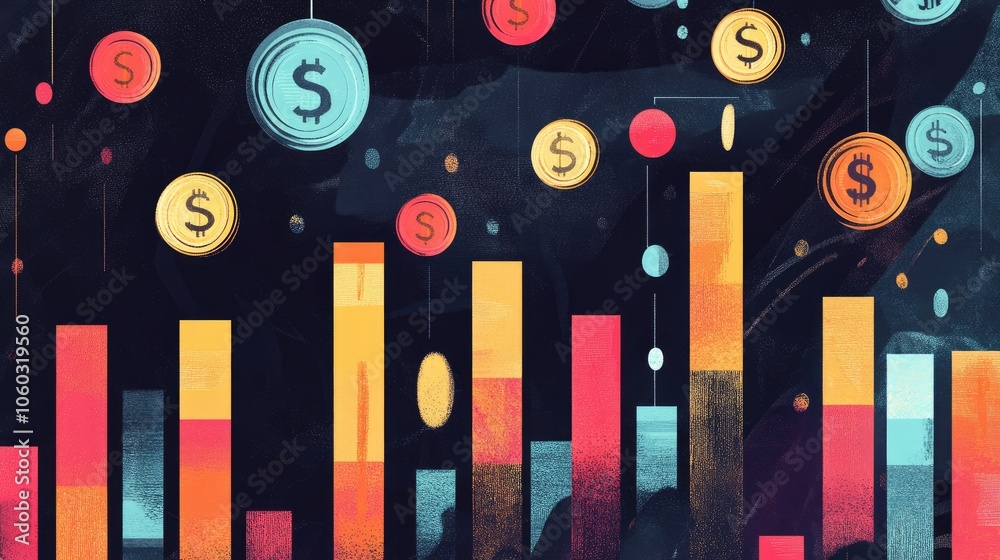 Poster financial chart with vibrant segments and floating dollar coins, symbolizing economic data analysis.