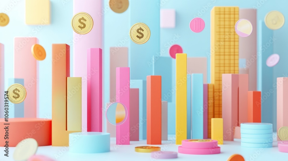 Poster financial chart with vibrant segments and floating dollar coins, symbolizing economic data analysis.