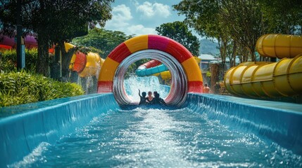 A vibrant water slider tunnel tube at Siam Amazing Park, where kids and adults alike enjoy the exhilarating ride.