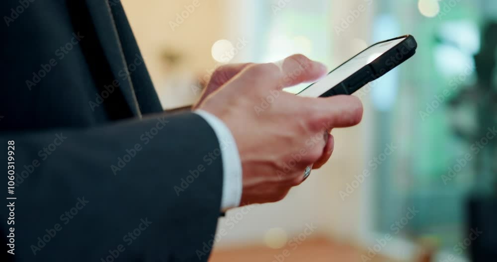 Poster Business person, mobile and hands for communication, social media and conversation with client. Employee, phone and typing in lobby for project feedback, email message and contact with networking