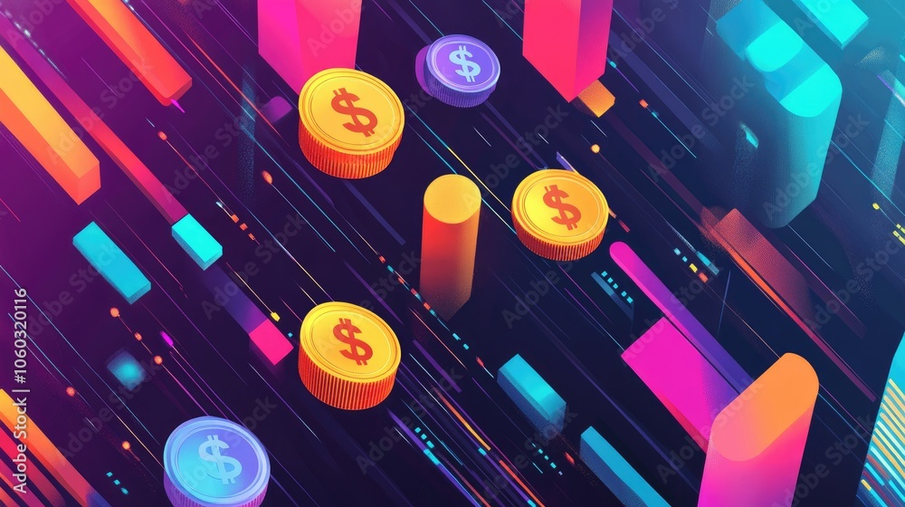 Poster financial chart with vibrant segments and floating dollar coins, symbolizing economic data analysis.