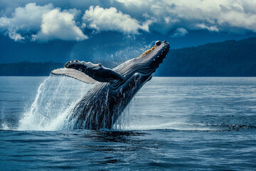 Naklejka premium Fantastically beautiful majestic huge whale in ocean