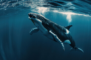 Fototapeta premium Fantastically beautiful majestic huge whale in ocean