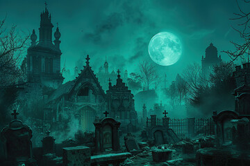 Fantastically mysterious cemetery with tombstones and scary atmosphere