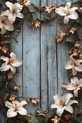Elegant floral arrangement on rustic wooden background a serene decoration idea for home and events