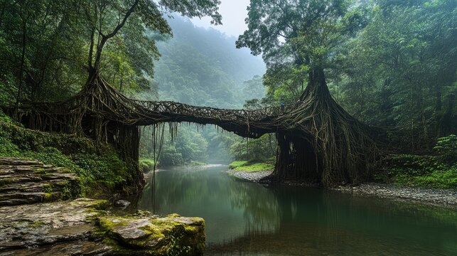 A stunning living roots bridge near Riwai village in Cherrapunjee, Meghalaya, where tree roots have been meticulously guided over generations to form a sturdy, natural bridge