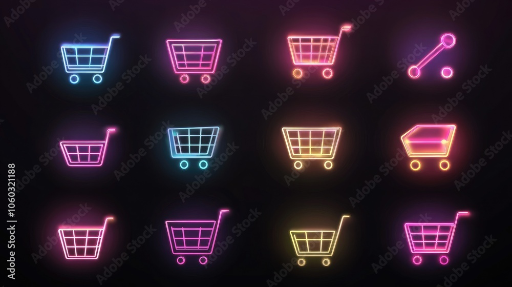 Poster holographic e-commerce icons with glowing shopping cart, futuristic design on dark gradient backgrou