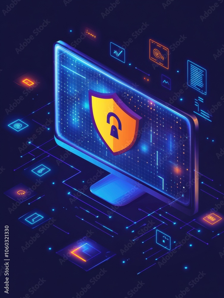 Leinwandbilder a computer screen showcases a shield with a lock, symbolizing robust cybersecurity measures in a dig