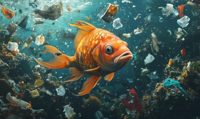 Naklejka premium A goldfish swims amidst plastic pollution.