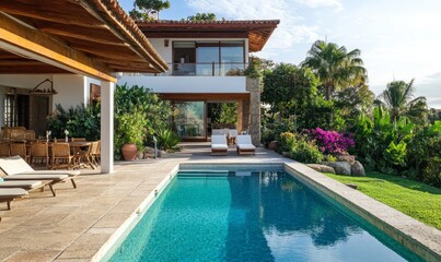 Fototapeta premium of beach house or villa with terrace by pool and garden overlooking sea