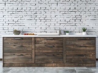Rustic kitchen interior with exposed brick wall, wooden shelves, and dark cabinets.  The countertop has a stainless steel pot, various jars and a bowl of nuts