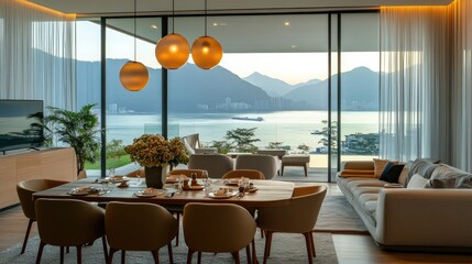 Living room interior with dining set by a panoramic window, cozy ambiance, modern furnishings.