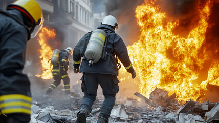 Fototapeta premium Brave firefighters rush to save a life amid fierce flames in the city