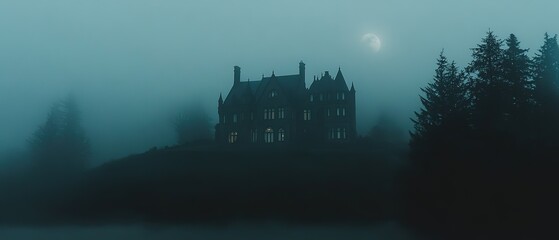 Obraz premium Mysterious fog-covered building illuminated by the moon at night on a remote hillside