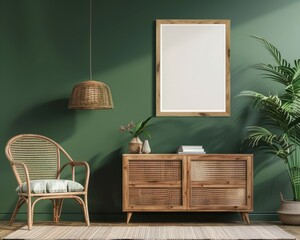 A rattan chair and dresser with a blank frame mockup in a green living room