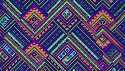 Vibrant Geometric Textile Design:  A captivating close-up showcases a richly hued textile pattern, featuring bold geometric shapes, intricate details, and a dynamic interplay of colors.