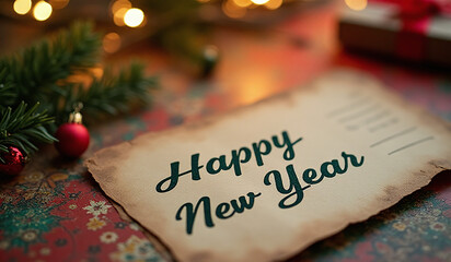 new year writing vintage style holiday greeting card festive colors blurred background