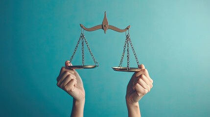 A hands-on image showcasing a balanced scale symbolizing justice and fairness, set against a calming blue background.
