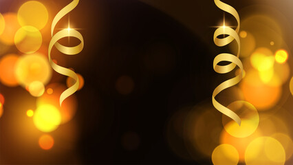 Bright blurred bokeh lights and gold serpentine ribbons. Vibrant defocused glowing lights effect. Festive template. Vector illustration.