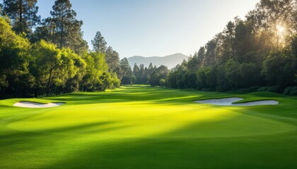Naklejka premium A beautiful golf course with lush green fairways, surrounded by tall trees and mountains. Ideal for golfers seeking relaxation and scenic views in a natural setting.