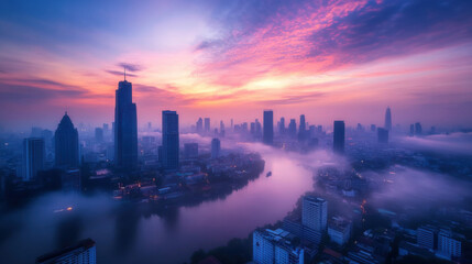 Obraz premium stunning cityscape at dawn, featuring skyscrapers and river shrouded in soft morning mist, creating serene atmosphere