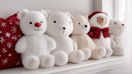 A cozy nursery nook featuring 3D holiday-themed plush animals like penguins and polar bears, [Nursery Christmas decor], [cute, soft holiday touches], ,