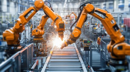 Automated Assembly Line with Orange Industrial Robots
