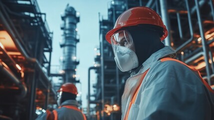 Fototapeta premium Refinery workers in protective gear inspecting fuel pipelines in a high-tech industrial plant