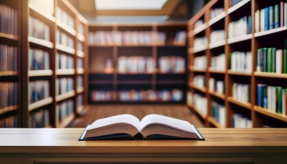 Fototapeta premium Open book on a wooden table in a library setting, creating a serene and inviting atmosphere, ideal for educational or literary themes.