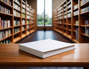 Fototapeta premium Serene and inviting library setting with an open book on a wooden table, ideal for showcasing educational or literary concepts